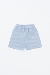 Avauma Sunny Stripe Pants Blueberry Powder product shot. Lay-flat of light blue striped baby shorts on a white background.